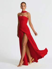 Elegant Sexy Strapless Slit Flowy Evening Gown Dress For Party - Red - View 3