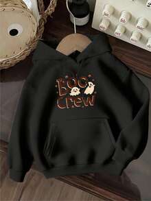 KID003|Sudadera con capucha Otoño/Invierno 2025|Sudadera estampada elegante para edades de 4 a 15 años|Enviado desde México|Temporada de regreso a clases|Halloween|Para uso diario y regreso a clasesSudadera de color negro con diseño festivo "BOO CREW" e imágenes de fantasmas, perfecta para la temporada de Halloween y con una acabado cómodo y suave - Negro - Ver 1