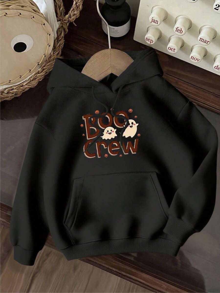 KID003|Sudadera con capucha Otoño/Invierno 2025|Sudadera estampada elegante para edades de 4 a 15 años|Enviado desde México|Temporada de regreso a clases|Halloween|Para uso diario y regreso a clasesSudadera de color negro con diseño festivo "BOO CREW" e imágenes de fantasmas, perfecta para la temporada de Halloween y con una acabado cómodo y suave - Negro - Ver 1