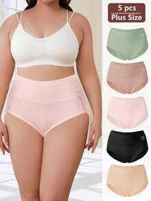 QUASTI 5pcs/Pack Plus Size Textured Waistband Lightweight Breathable Soft High Waist Briefs, 1XL-5XL - Multicolor - View 2