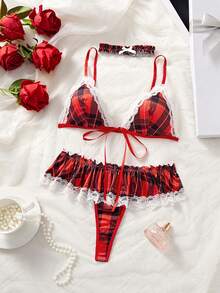 3件套女学生制服角色扮演套装，学院风女生学生装，红色格子，蕾丝拼接，性感内衣套装 - 酒紅色 - 查看 5