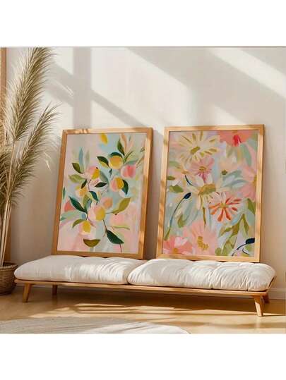 CPWAD 2pcs Abstract Plant Flowers, Pink Peach Blossoms, Beige Leaves, Canvas Poster Pictures, Wall Decoration, Suitable For Modern And Simple Living Rooms, Bedrooms, Kitchens, Offices, Indoor Hanging Painter's Home Decoration, No Frame