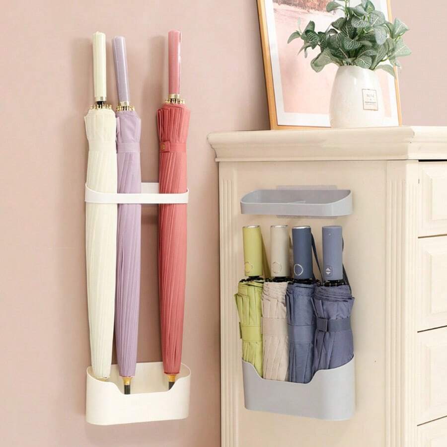 2 Pieces/1 Set: Non Drilling Wall Mounted Umbrella Holder With Drip Tray - Modern Long Handle Folding Umbrella Storage Rack - Multicolor - View 1