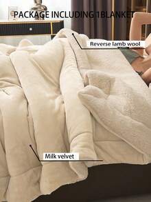1件奶油白色亲肤柔软舒适牛奶绒羊羔绒缝制毛毯，适用于卧室和客厅 - 奶油白 - 查看 2