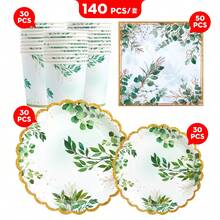 30pcs Green Leaf & Gold Trim Disposable Plates, Napkins And Cups, Party Supplies Suitable For Birthday, Wedding, Party, Family Picnic - Multicolor - View 11