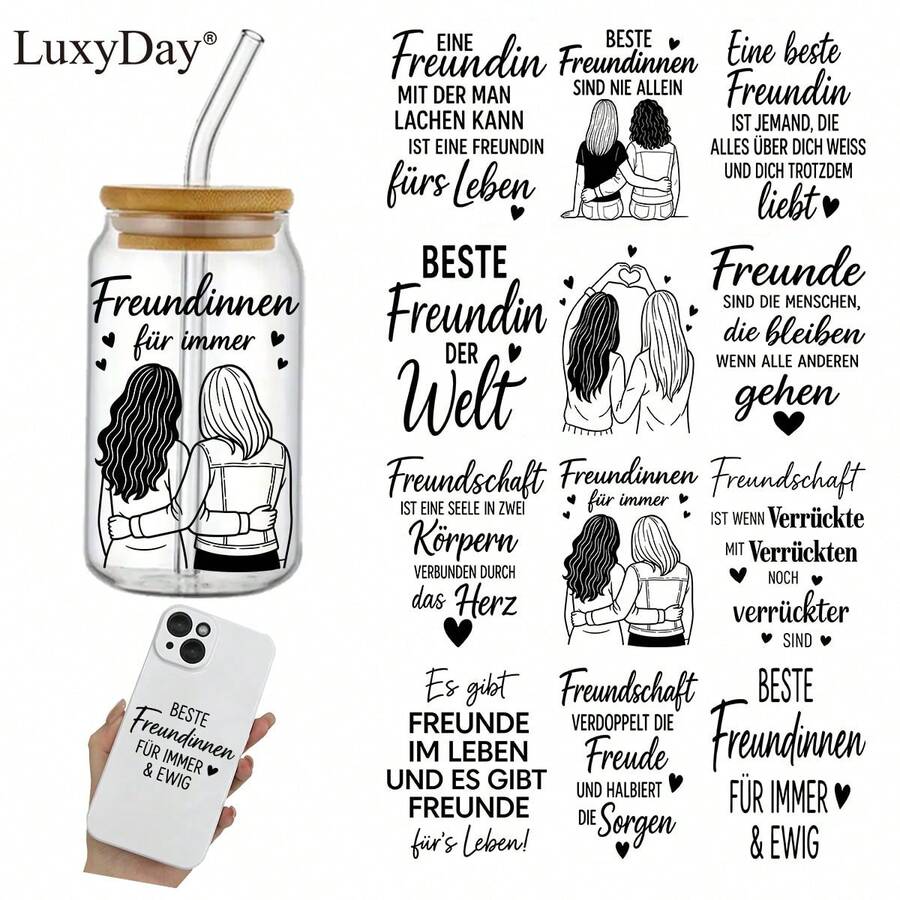 4张德语最佳友谊语录主题UV DTF转印贴纸，带有友谊语录艺术贴纸，适用于杯子、瓶子、DIY家具、玻璃器皿、瓶子和工艺品。 - 彩色 - 查看 1