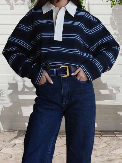Women's Oversized Striped Polo Sweatshirt Long Sleeve Rugby Collared Pullover Tops Loose Fit Shirt Fall Fashionable Casual Long Sleeve Loose Fit Lapel Shirts