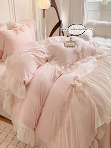 3 件套公主风格蕾丝床上用品套装，白色蝴蝶结装饰羽绒被套和枕套（无填充物） - 粉色 - 查看 11
