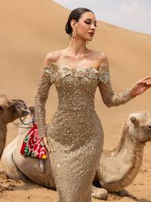 Faeriesty Glamour Luxe Mermaid Evening Gown With Sequin & Bead Embellishments, Open Shoulder Design & Floral Shoulder Accents – Fish-Tail Silhouette For Weddings, Red-Carpet Events, Evening Galas & Award Ceremonies New Year Outfit - Champagne - View 9