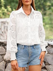 Women's Fall Button-Up Shirt Elegant Long Puffed Sleeve Hole Loose Neckline Shirt - 白色 - 查看 5