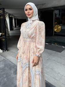 DAZY Vestido largo de estilo bohemio con estampado total y cintura ceñida, vestido de vacaciones de estilo francés, vestido elegante de manga larga para otoño, vestido elegante con estampado floral, vestido con adorno de encaje