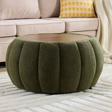 YDCOSYFY 30 Inches Large Round  Ottoman With Storage,Pumpkin Shape Upholstered Ottoman Coffee Table, With Removable Wooden Top, Soft Teddy Fabric Surface, For Living Room, Bedroom - 綠色 - 查看 8
