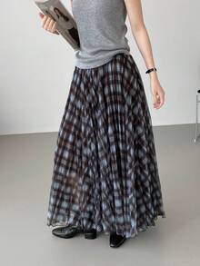 Women Skirts - Kẻ caro cà phê xanh - Xem 3