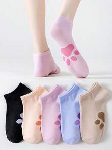 5 paires de chaussettes courtes respirantes anti-odeur pour femmes avec motif de patte de chat mignon, printemps/été - Multicolore - Voir 12