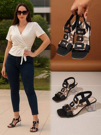 New ' Sandals, With A Fashionable And Thick Mid-Heel And A Crystal Clear Heel, High-Heeled Dance Shoes, Suitable For Teenagers And , School Style, High-Heeled Dance Shoes