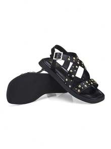 Loris Shoes Oficial Women's  Flat Sandal Flat X Buckle Spike Comfortable 009-085 - 黑色 - 查看 5