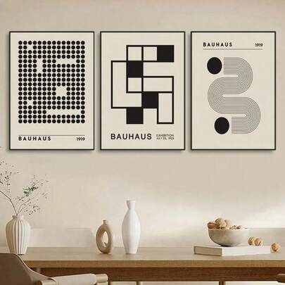 1 pièce Affiche abstraite géométrique sans cadre inspirée du Bauhaus, impression sur canevas d'art de ligne vintage noir et beige, style rétro classique art déco, encre sur canevas pour décoration murale de la maison, du bureau, du salon, de la chambre à coucher, de la salle à manger - orientation portrait pour l'intérieur