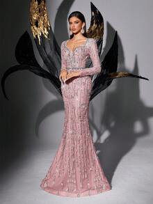 Glamorous Sequin Embellished Deep V-Neck Long Sleeve Formal Dress - Pink - View 5