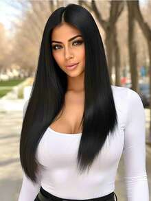28 英寸女士黑色直发中分假发，耐热，优雅顺滑，百搭，适合圣诞节、狂欢节，适合所有女性 - 彩色 - 查看 2