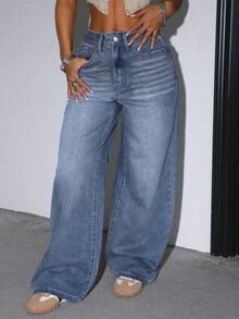 女士休闲宽松阔腿牛仔裤，带口袋，适合日常穿着 - 淺色水洗藍 - 查看 3