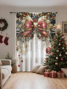 1pc Christmas Ball & Element Pattern Premium Decorative Curtain Rod Pocket Sheer Curtain, All Season Use For Outdoor, Gazebo, Bedroom, Kitchen, Office, Study, Living Room - Semi-Sheer (100g Fabric Weight) Home Decor Christmas Decorations Room Decor Christmas Decorations Home