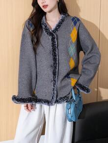 Alicedudu Chaqueta de punto con cardigan de mujer con patrón de diamantes y ribete de peluche, otoño/invierno