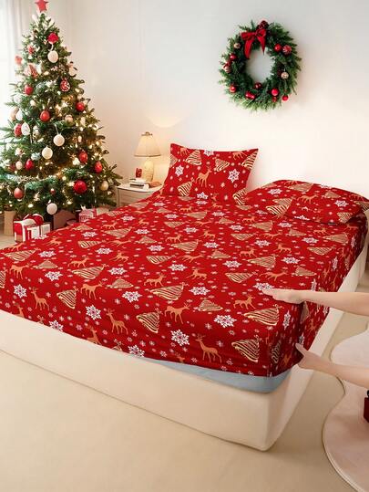 2/3件套圣诞蝴蝶结、驯鹿、圣诞树印花床上用品套装（不含填充物），卧室床笠套装，柔软超细纤维面料，透气舒适，包含1个床垫套和1/2个枕套，床笠套装，尺寸可选：特大号、大号、大号、单人床，透气舒适，深口袋设计，最大可达11.8英寸，抗皱，提升睡眠质量，可机洗，圣诞床上用品礼品