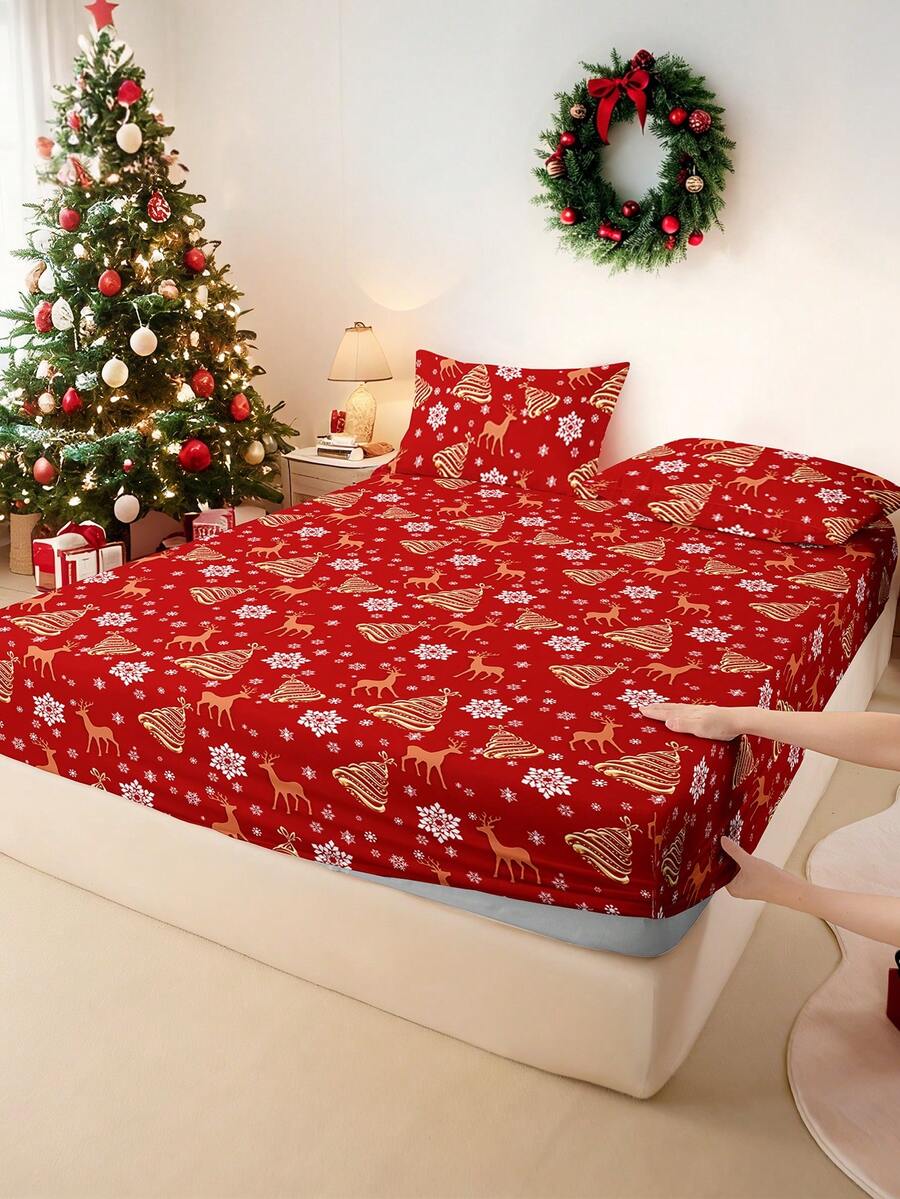 2/3 pièces Ensemble de literie avec imprimé nœud de Noël, renne, sapin de Noël (hors rembourrage), drap-housse de chambre, en tissu microfibre doux, respirant et confortable, comprend 1 housse de matelas et 1/2 taies d'oreiller, ensemble de draps-housses, options de taille : super king, king, queen, twin, respirant et confortable, conception à poche profonde jusqu'à 30 cm, résistant aux froissures, améliore la qualité du sommeil, lavable en machine, cadeau de literie de Noël - Multicolore - Voir 1