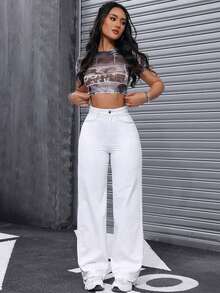 XIANGHE Pantalones de mezclilla unicolor de ajuste holgado para mujeres a la moda - Blanco - Ver 2