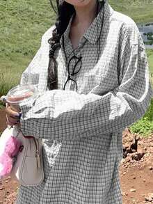 复古小众风褶皱格纹长袖Polo衫女式休闲外套白色春季款 - 白色 - 查看 5