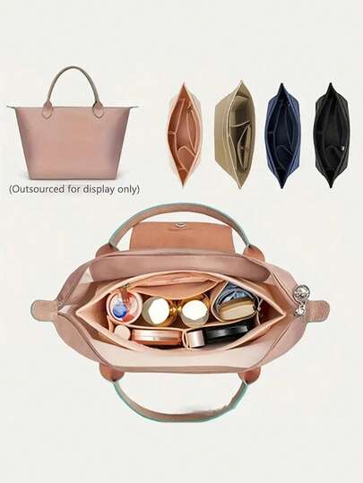 1 件内衬长短手柄大中小储物手提袋中袋支架，毛毡编织女士手提包收纳盒，旅行化妆品收纳，休闲设计宽敞多口袋，金属拉链