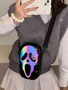 Halloween Ghost Face Print Ladies' Mobile Phone Wallet Laser Ladies' Shoulder Bag Crossbody Bag Ladies' Bag Skull Face Shopping Bag Suitable For Shopping And Taking Photos, Halloween Day Gift Mini Square Bag