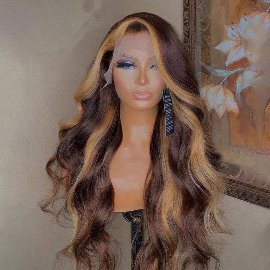13x4 Ombre Lace Front Wigs Human Hair 28 Inch Body Wave Honey Blonde Highlight 4/27 Wig Human Hair 5x5 Glueless HD Frontal Wigs Human Hair Body Wave Wig For Women, Pre Plucked, 200 Density, Average Cap - SP4/27 - 查看 1