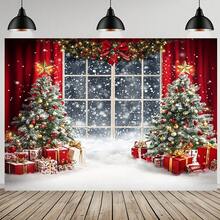 1 Piece Festive Romantic Christmas Window Scene Background, Polyester Holiday Wall Decoration, Multiple Sizes To Choose From, Christmas Party Background, Portrait Photography Props For Christmas Celebration - Multicolor - View 4