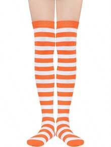 Womens Thigh High Socks Striped High Knee Socks Knee High Socks For Cosplay Long Socks Over The Knee Leg Warmers - Orange White - View 8