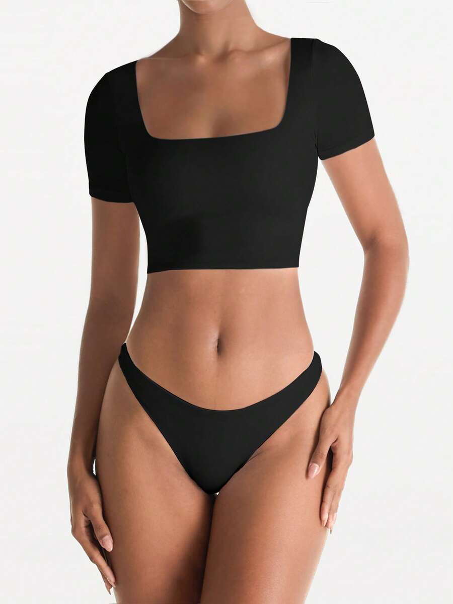 XLLALS Áo thun mùa hè cổ vuông tay ngắn co giãn cao, làm mát, hai lớp, dáng ôm cơ bản, màu trắng, áo crop top nữ - màu đen - Xem 1