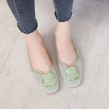 SAILING LU Square Toe Flats Shoes Rhinestoned Bowknots Ballet Flats For Women Studded Dress Shoes Comfort Light Weight LoafersChristmas - L-玉綠 - 查看 4