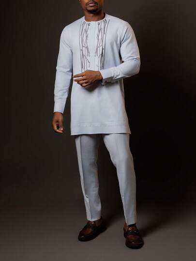 Nuevo conjunto de ropa tradicional para hombres, camisa de manga larga con bordado y parches combinada con pantalones casuales, adecuado para festivales, fiestas y ocasiones de negocios