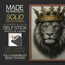 1pc Restickable Framed Lion Of Judah Art Print, Wood Frame, Biblical Inspired Regal Animal Wall Decor With Gold Crown & Scripture Accent, Spiritual Artwork For Living Room, Office, Or Prayer Room, Made In USA, Ready To Hang Art Prints - 棕色 - 查看 6