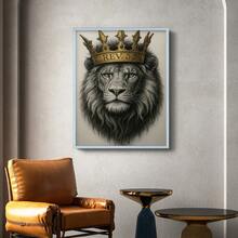 1pc Restickable Framed Lion Of Judah Art Print, Wood Frame, Biblical Inspired Regal Animal Wall Decor With Gold Crown & Scripture Accent, Spiritual Artwork For Living Room, Office, Or Prayer Room, Made In USA, Ready To Hang Art Prints - 藍色 - 查看 4