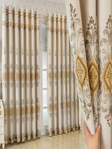1 pieza Cortina de panel de lujo beige exquisita con bordado 3D, con ojales en la parte superior, protección blackout y aislamiento térmico grueso, adecuada para sala de estar, dormitorio, oficina, decoración del hogar
