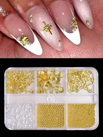 Pack Of One 6-Grid 3D Fish Caviar Bead Water Pearl Ocean-Style Nail Art Jewelry - 9-Size Collection With Alloy Shell, Seahorse, Starfish, Pearl For Summer Women/Girls DIY Nail Art, Nail Decoration, Nail Accessories, Nail Charm, Nail Jewelry.