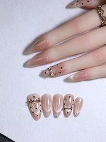 10 Stück mandelförmige, elegante, glänzende khakifarbene Katzenaugen-Handgefertigte Aufklebe-Nägel mit Punkten & Schleifen, süß und wunderschön im koreanischen & japanischen Stil, Nagelkunstdesign, wiederverwendbare Fake-Nägel, DIY-Nagelpflege für alle Jahreszeiten - Khaki - Übersicht 4