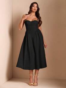 Women's Solid Color Strapless Dress, Inspired By Vintage Style, With A Shaping Bustier Design, Suitable For Everyday Wear Or As A Special Occasion Dress. - 黑色 - 查看 4