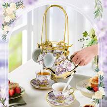 Vintage Purple Ceramic Tea Set 20-Piece | Gold Stand For Holiday Gift - Màu tím - Xem 6
