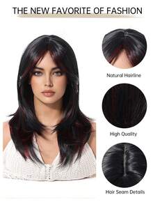 16英寸长直发假发，带刘海，酒红色，女士合成假发，适合女孩日常和派对佩戴，黑色耐热长卷发 - 挑染紅色 - 查看 8