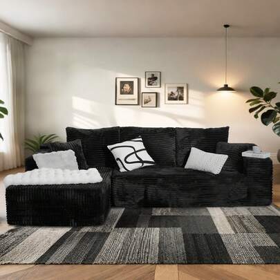 NIZULA FOAM 106"L Shape Sofa,(Black) Modern Modular Couch For Living Room Bedroom,No Assembly Required, Ready To Use, Comfy Plush Corduroy Fabric ,Sofa De Sala,Couch,Sofa Cama,Muebles Para Sala, Inflatable Chair, Couch For Living Room, Couch, Sofa De Sala, Recliner Chair, Furniture,(The Pedals Is Available Separately Or To Pair With The Sofa)