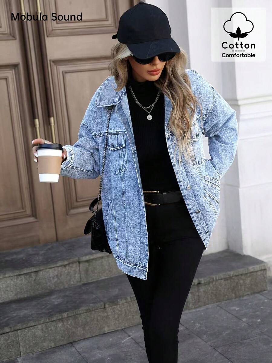 Mobula Sound# 多功能休闲运动时尚女式夹克，蓝色 Y2K 学生学院风，春秋冬季 - 淺藍 - 查看 1