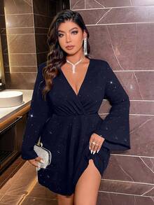 Plus Size Women's Elegant Evening Party Dress, Luxurious Sexy Romantic Bridesmaid Wedding Gown With Rhinestone Sequin Decor, Deep V-Neck Criss-Cross Long Sleeve - Navy Blue - View 4