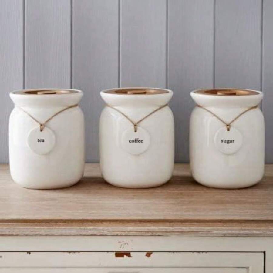 Biznest Large Canisters/Jars Set Tea Coffee Sugar Ceramic Canisters Rope Labels Kitchen Storage - White - View 1